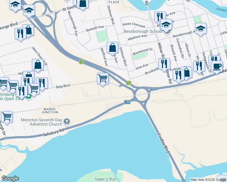 map of restaurants, bars, coffee shops, grocery stores, and more near 50 Baig Boulevard in Moncton