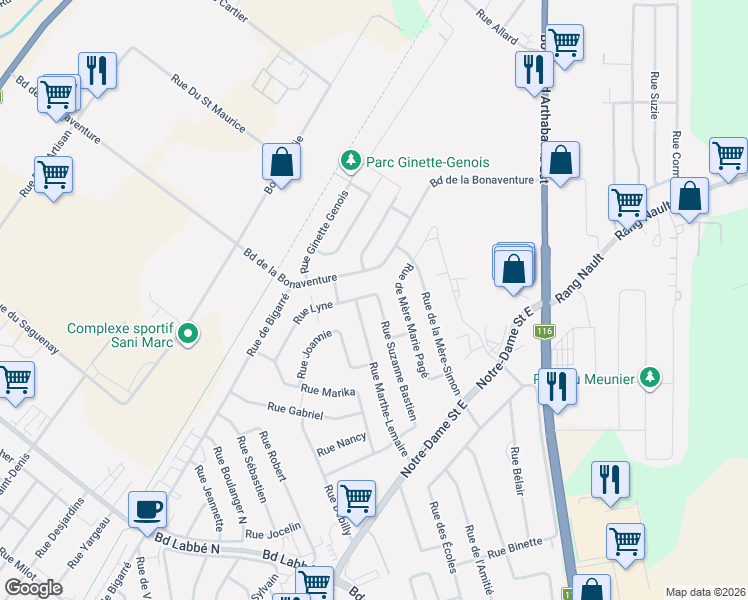 map of restaurants, bars, coffee shops, grocery stores, and more near 218 Rue Suzanne Bastien in Victoriaville