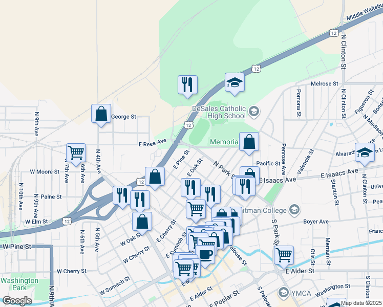 map of restaurants, bars, coffee shops, grocery stores, and more near 505 East Oak Street in Walla Walla