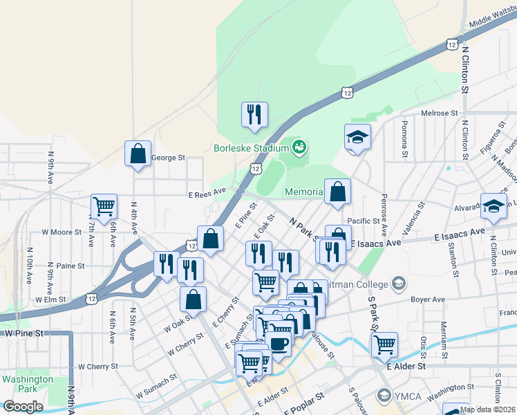 map of restaurants, bars, coffee shops, grocery stores, and more near 505 East Oak Street in Walla Walla