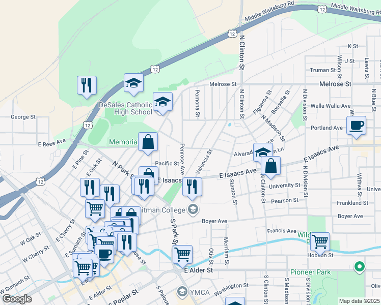 map of restaurants, bars, coffee shops, grocery stores, and more near 115 Pacific Street in Walla Walla