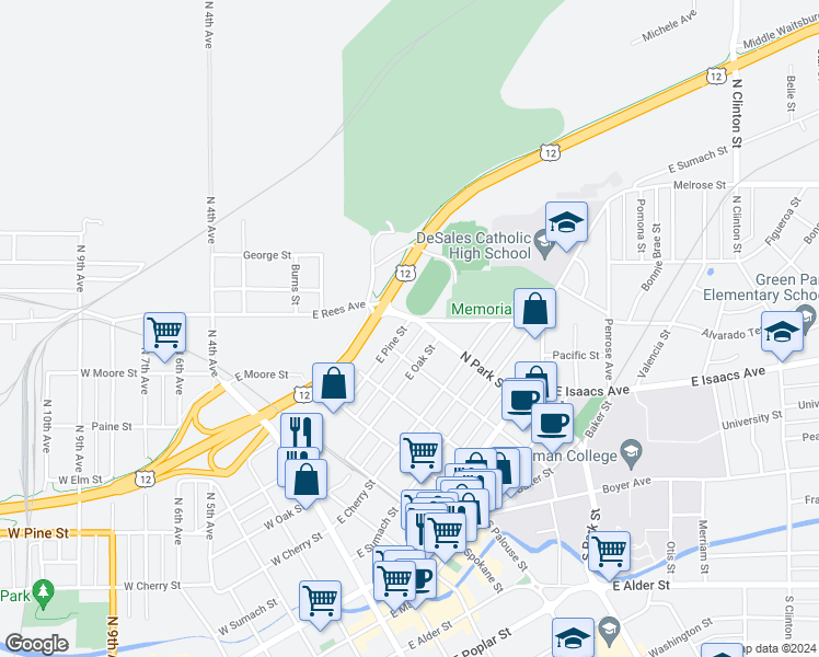 map of restaurants, bars, coffee shops, grocery stores, and more near 524 East Pine Street in Walla Walla