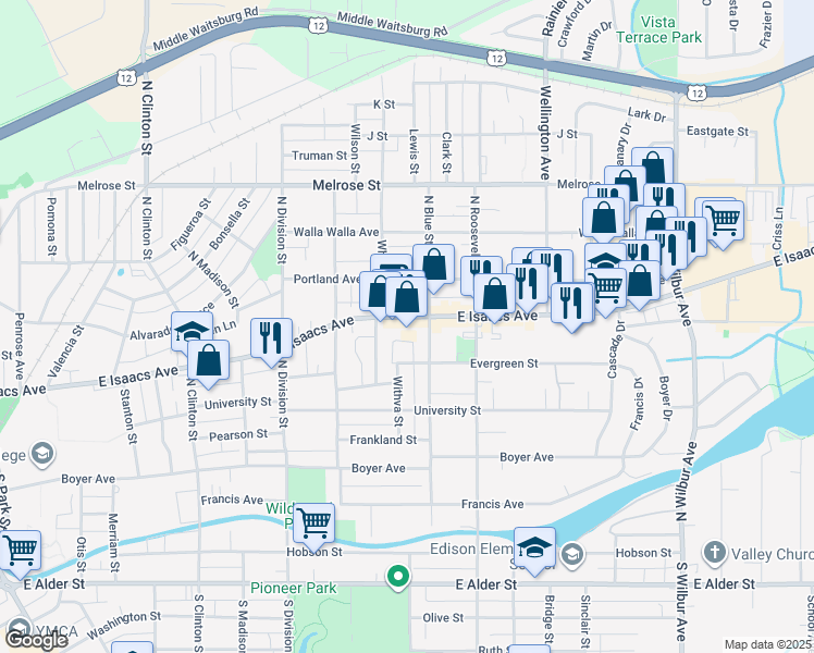 map of restaurants, bars, coffee shops, grocery stores, and more near 1507 Evergreen Street in Walla Walla