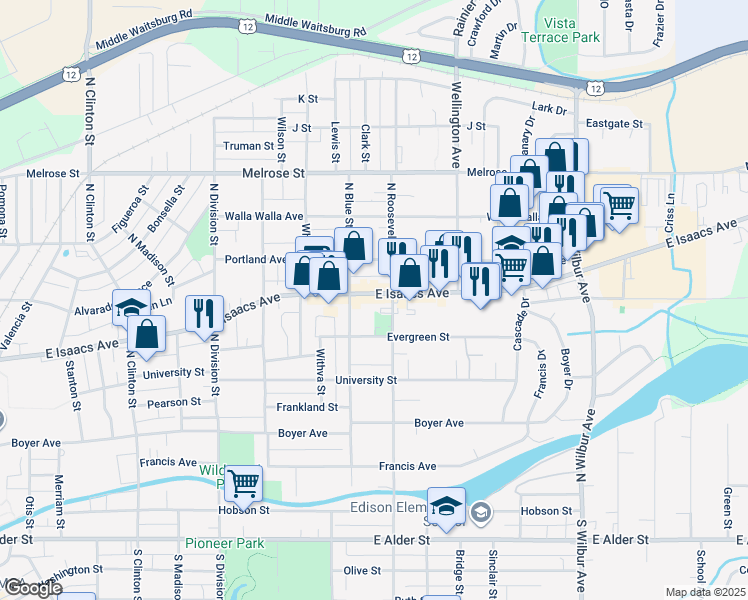map of restaurants, bars, coffee shops, grocery stores, and more near 1630 East Isaacs Avenue in Walla Walla
