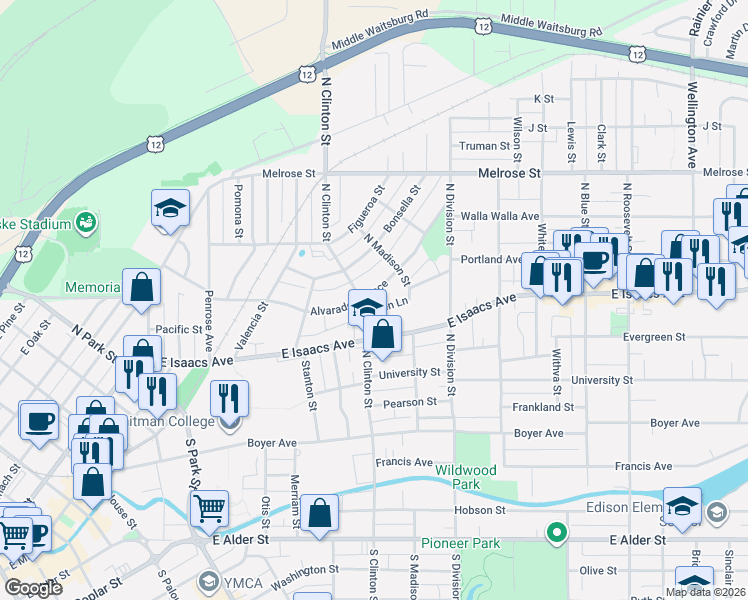 map of restaurants, bars, coffee shops, grocery stores, and more near 1135 Alvarado Terrace in Walla Walla