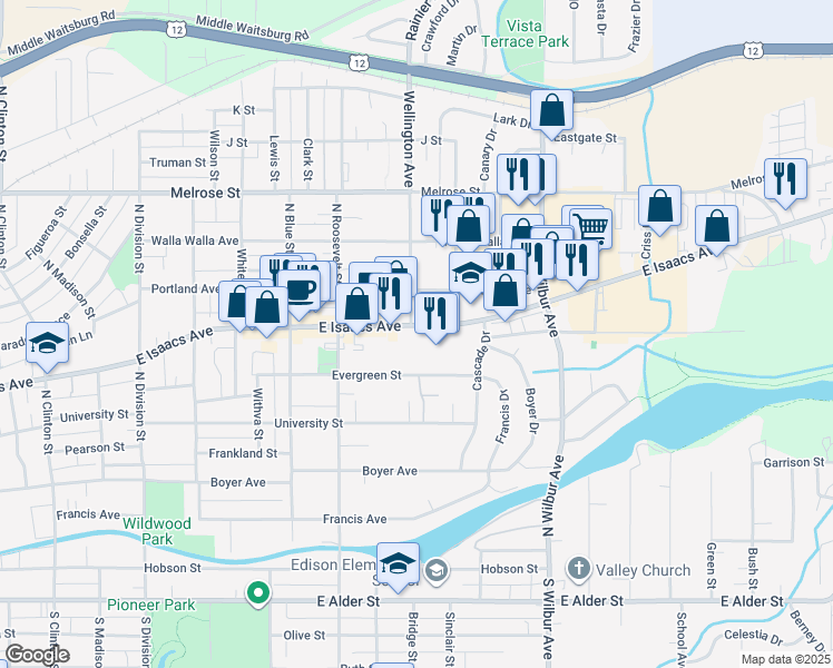 map of restaurants, bars, coffee shops, grocery stores, and more near 1804 East Isaacs Avenue in Walla Walla