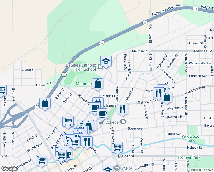 map of restaurants, bars, coffee shops, grocery stores, and more near 817 North Main Street in Walla Walla