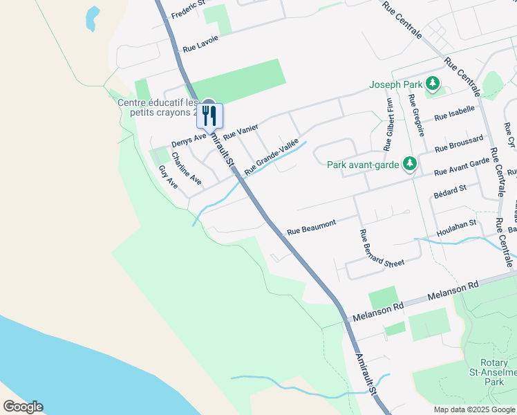 map of restaurants, bars, coffee shops, grocery stores, and more near Amirault Street in Dieppe