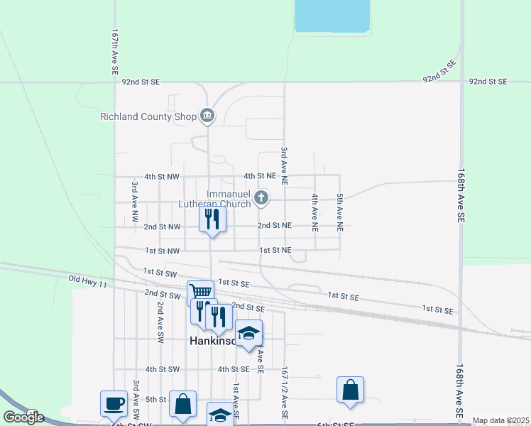 map of restaurants, bars, coffee shops, grocery stores, and more near 300-398 3rd Street Northeast in Hankinson