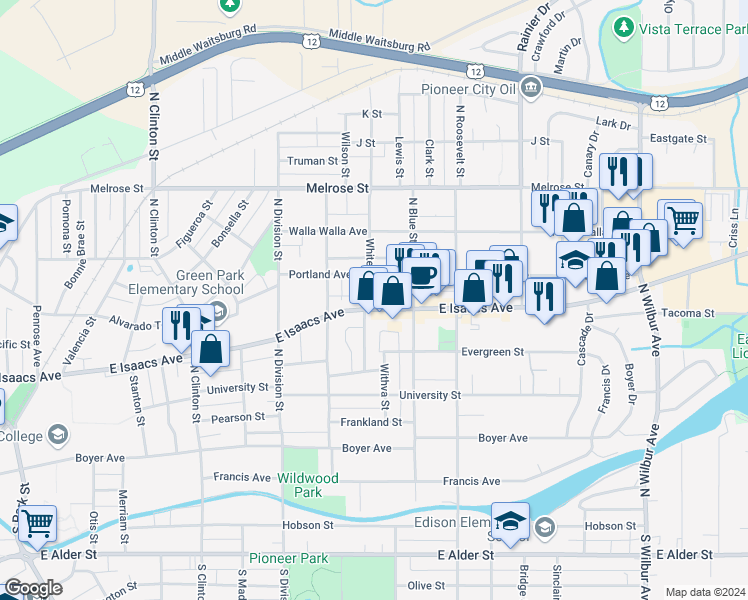 map of restaurants, bars, coffee shops, grocery stores, and more near 310 White Street in Walla Walla
