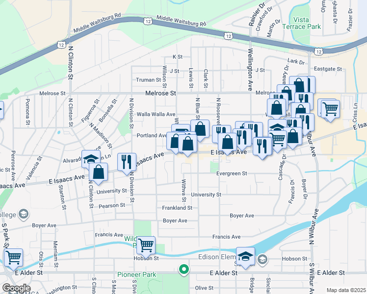 map of restaurants, bars, coffee shops, grocery stores, and more near 1525 East Isaacs Avenue in Walla Walla