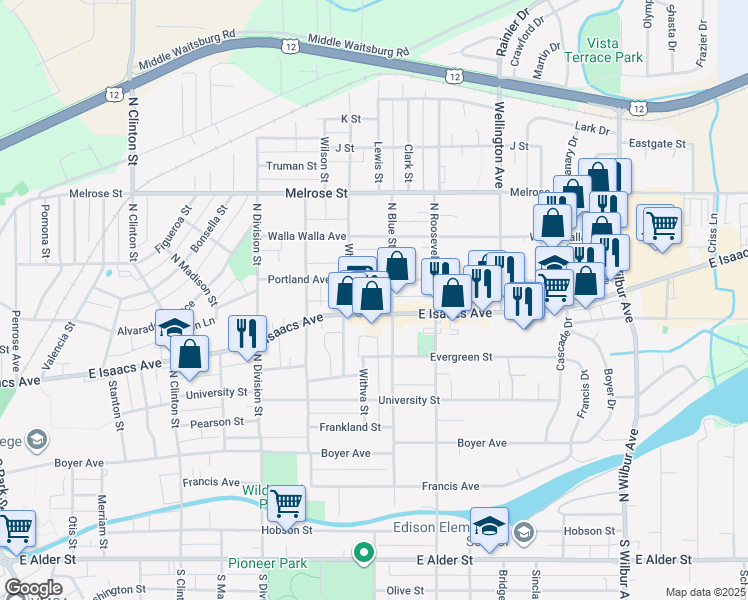 map of restaurants, bars, coffee shops, grocery stores, and more near 1525 East Isaacs Avenue in Walla Walla