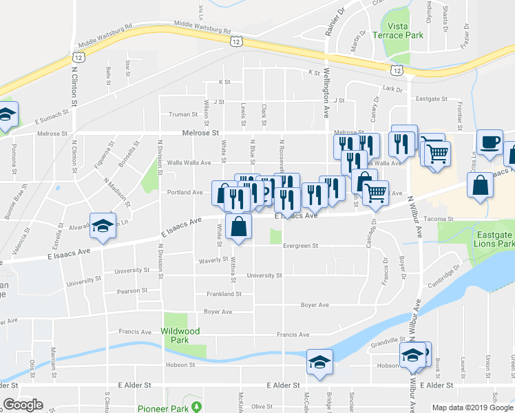 map of restaurants, bars, coffee shops, grocery stores, and more near 1605 East Isaacs Avenue in Walla Walla