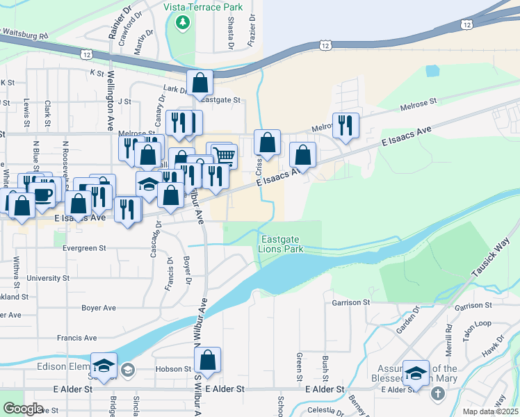 map of restaurants, bars, coffee shops, grocery stores, and more near 2200 East Isaacs Avenue in Walla Walla