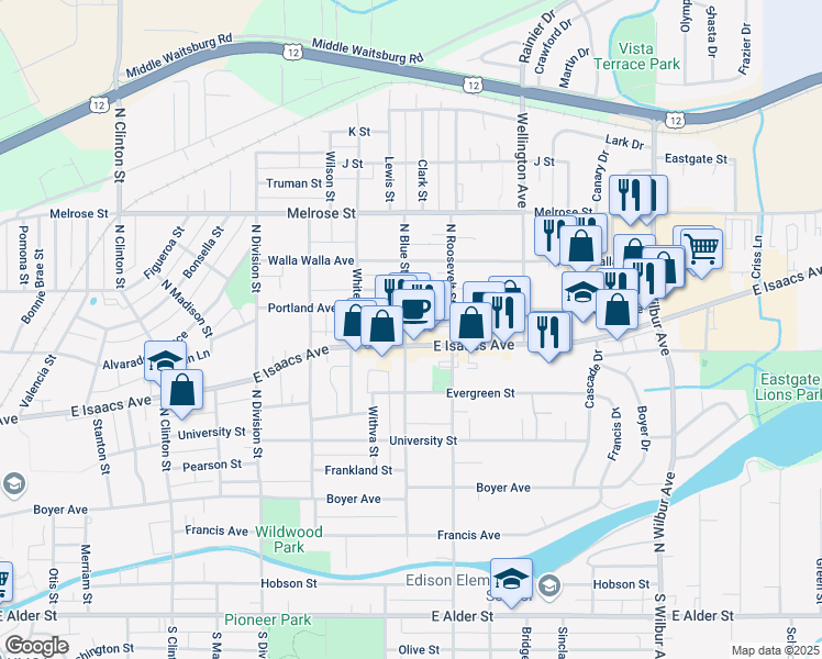 map of restaurants, bars, coffee shops, grocery stores, and more near 1605 East Isaacs Avenue in Walla Walla