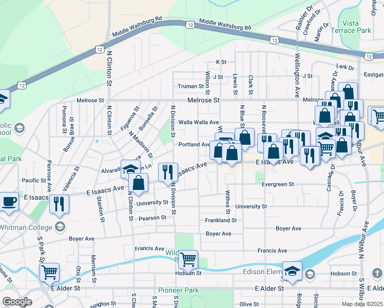 map of restaurants, bars, coffee shops, grocery stores, and more near 313 North Bellevue Avenue in Walla Walla