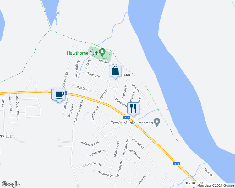 map of restaurants, bars, coffee shops, grocery stores, and more near 85 Muncey Drive in Riverview