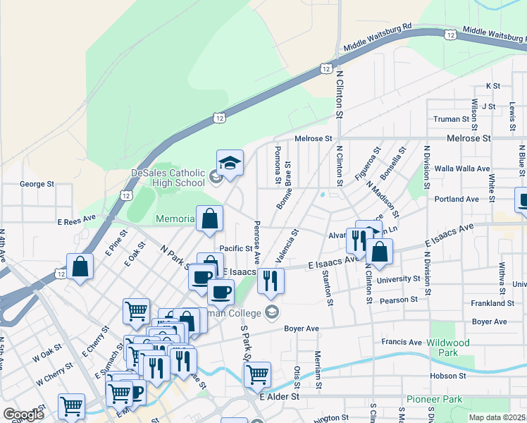 map of restaurants, bars, coffee shops, grocery stores, and more near 915 Penrose Avenue in Walla Walla