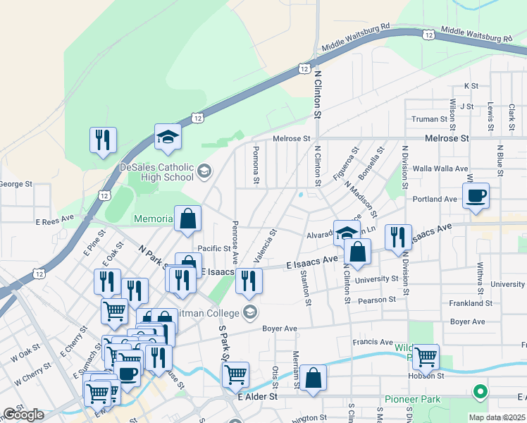map of restaurants, bars, coffee shops, grocery stores, and more near 920 Bonnie Brae Street in Walla Walla