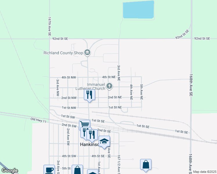 map of restaurants, bars, coffee shops, grocery stores, and more near 300 3rd Street Northeast in Hankinson