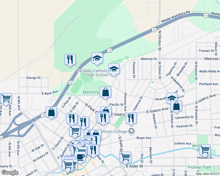map of restaurants, bars, coffee shops, grocery stores, and more near 708 Alvarado Terrace in Walla Walla