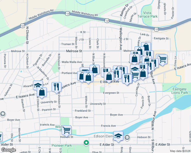 map of restaurants, bars, coffee shops, grocery stores, and more near 1605 East Isaacs Avenue in Walla Walla