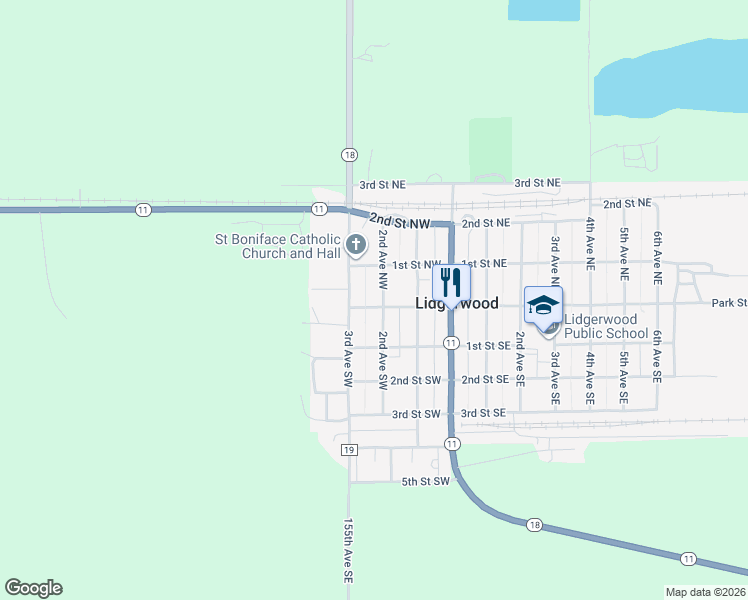 map of restaurants, bars, coffee shops, grocery stores, and more near 16 2nd Avenue Northwest in Lidgerwood