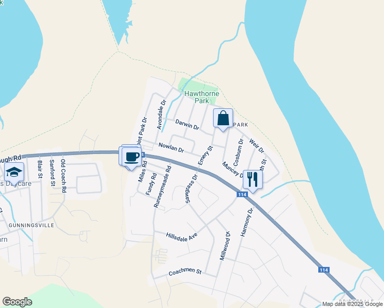 map of restaurants, bars, coffee shops, grocery stores, and more near 34 Nowlan Drive in Riverview