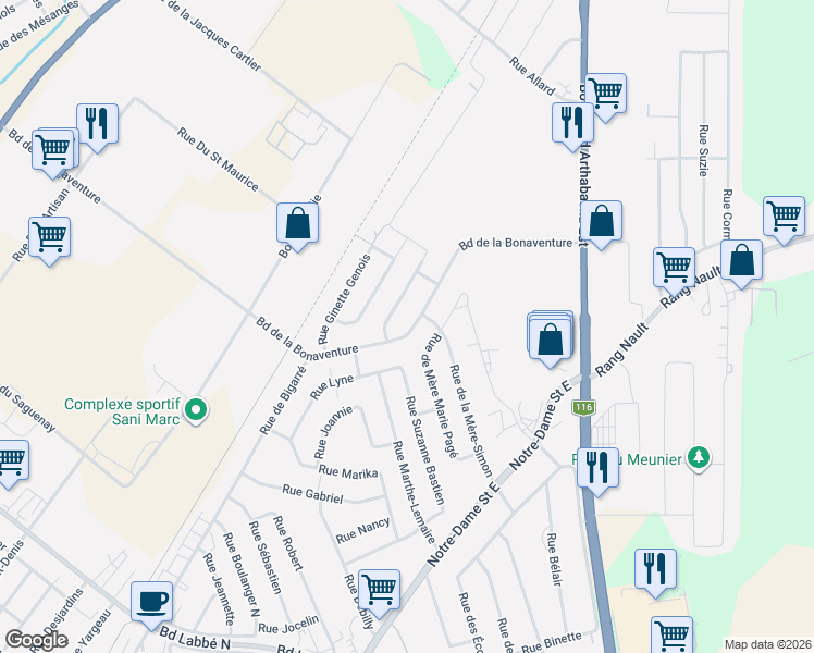 map of restaurants, bars, coffee shops, grocery stores, and more near 95 Boulevard de la Bonaventure in Victoriaville