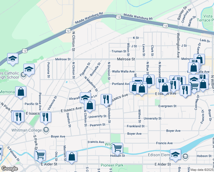 map of restaurants, bars, coffee shops, grocery stores, and more near 341 North Division Street in Walla Walla
