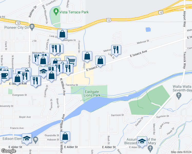 map of restaurants, bars, coffee shops, grocery stores, and more near 2222 East Isaacs Avenue in Walla Walla