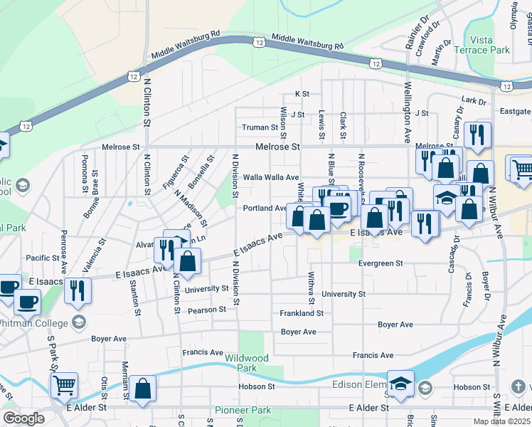 map of restaurants, bars, coffee shops, grocery stores, and more near 313 North Bellevue Avenue in Walla Walla