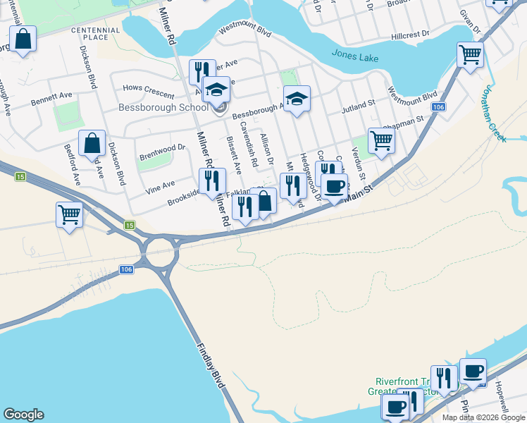 map of restaurants, bars, coffee shops, grocery stores, and more near 14 Lorentz Drive in Moncton