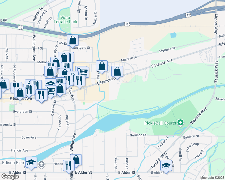 map of restaurants, bars, coffee shops, grocery stores, and more near 2222 East Isaacs Avenue in Walla Walla