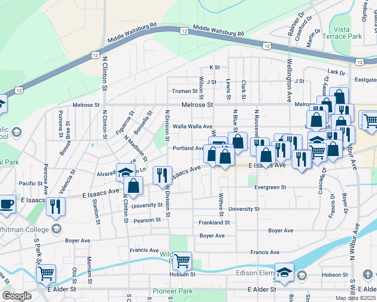 map of restaurants, bars, coffee shops, grocery stores, and more near 313 North Bellevue Avenue in Walla Walla