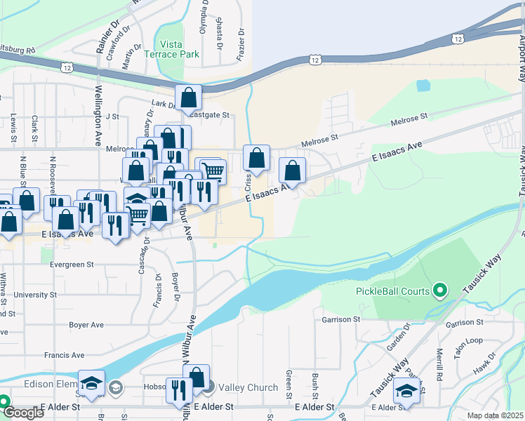 map of restaurants, bars, coffee shops, grocery stores, and more near 2222 East Isaacs Avenue in Walla Walla
