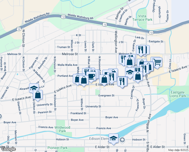 map of restaurants, bars, coffee shops, grocery stores, and more near 1605 East Isaacs Avenue in Walla Walla