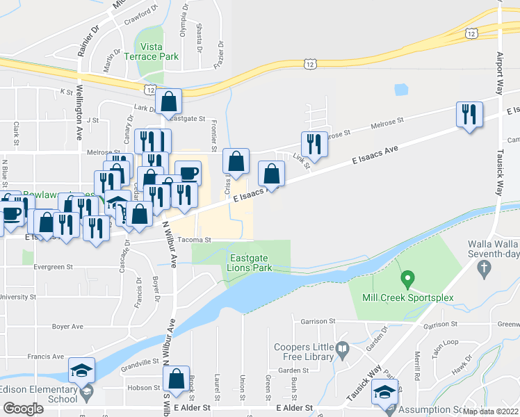 map of restaurants, bars, coffee shops, grocery stores, and more near 2222 East Isaacs Avenue in Walla Walla