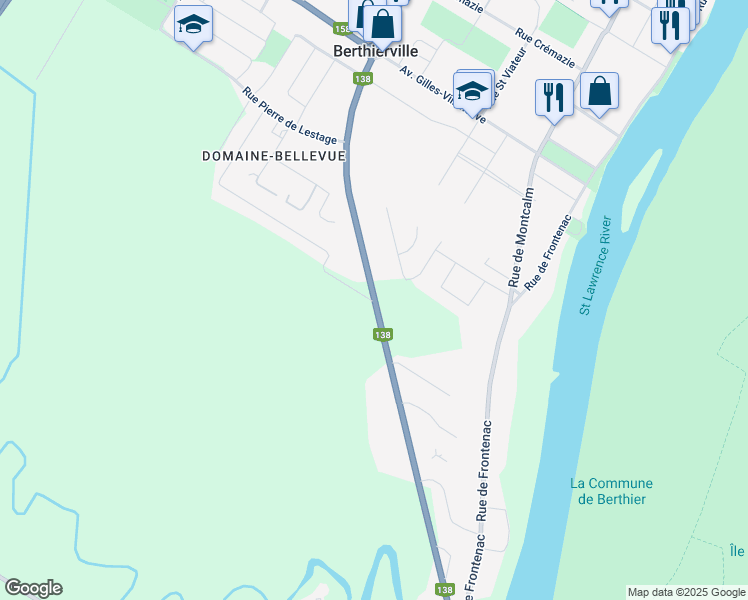 map of restaurants, bars, coffee shops, grocery stores, and more near 1150 Rue Notre Dame in Berthierville