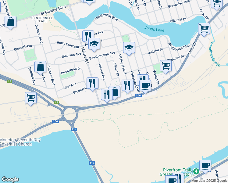 map of restaurants, bars, coffee shops, grocery stores, and more near 28 Lorentz Drive in Moncton