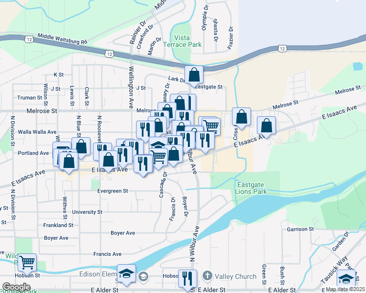 map of restaurants, bars, coffee shops, grocery stores, and more near 497 North Wilbur Avenue in Walla Walla