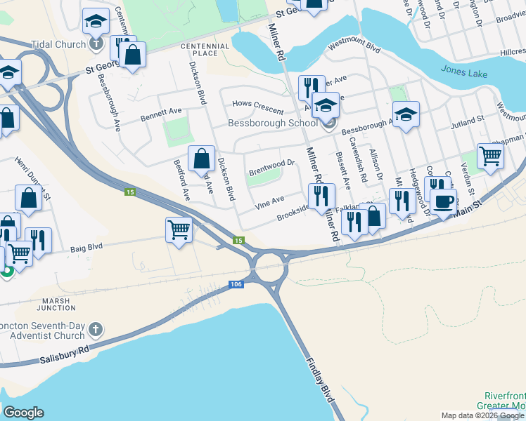 map of restaurants, bars, coffee shops, grocery stores, and more near in Moncton