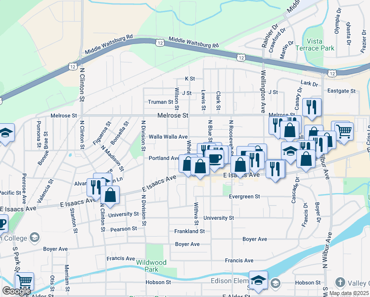 map of restaurants, bars, coffee shops, grocery stores, and more near 1426 Walla Walla Avenue in Walla Walla
