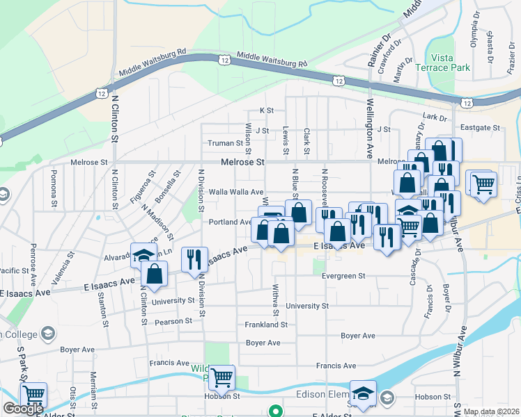 map of restaurants, bars, coffee shops, grocery stores, and more near 1426 Walla Walla Avenue in Walla Walla
