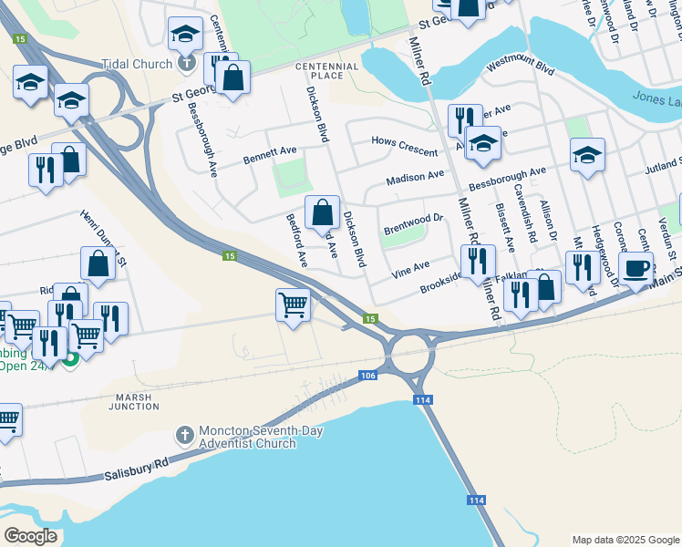 map of restaurants, bars, coffee shops, grocery stores, and more near Kenwood Drive in Moncton