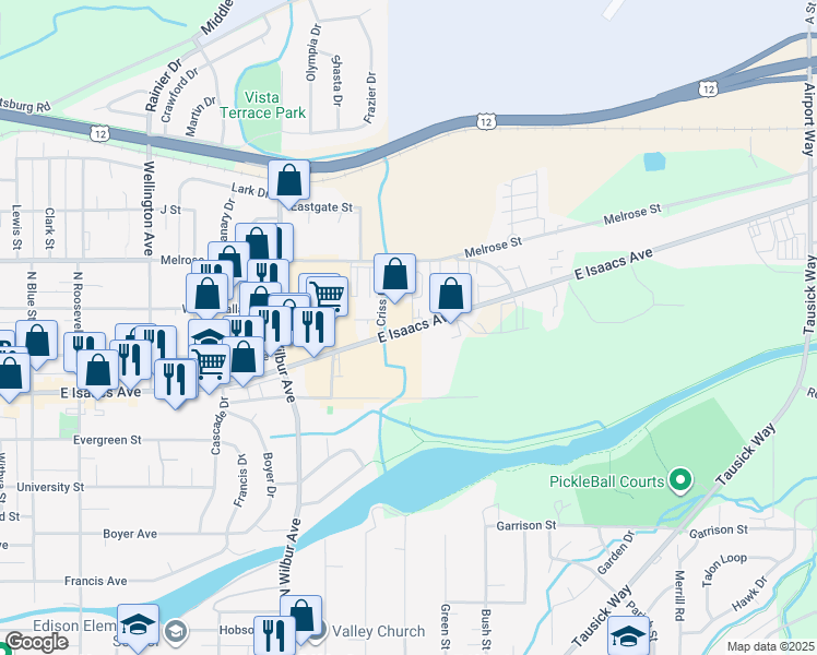 map of restaurants, bars, coffee shops, grocery stores, and more near 2225 East Isaacs Avenue in Walla Walla