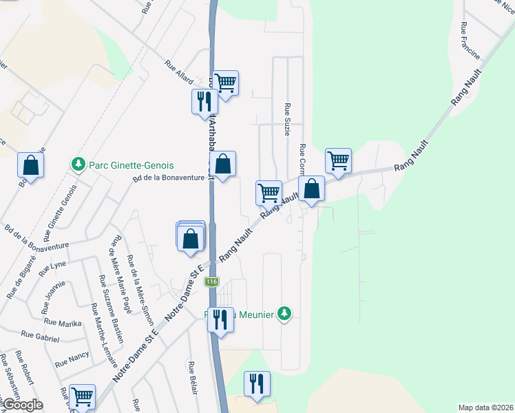 map of restaurants, bars, coffee shops, grocery stores, and more near 2 Rue Carmen in Victoriaville