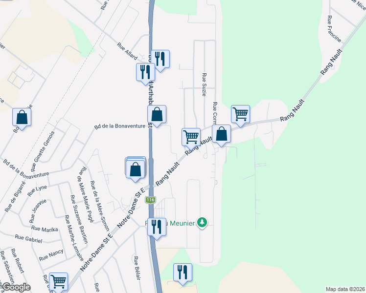 map of restaurants, bars, coffee shops, grocery stores, and more near 2 Rue Carmen in Victoriaville