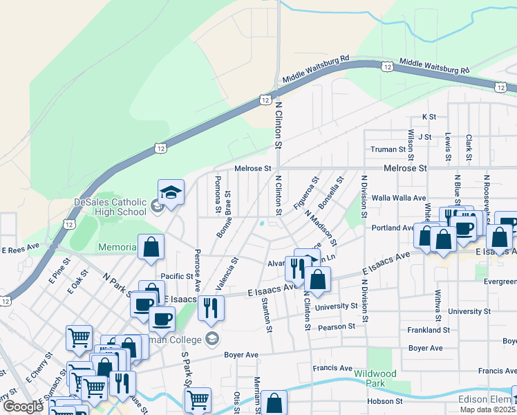 map of restaurants, bars, coffee shops, grocery stores, and more near 1009 North Clinton Street in Walla Walla