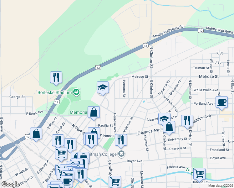 map of restaurants, bars, coffee shops, grocery stores, and more near 1010 Penrose Avenue in Walla Walla